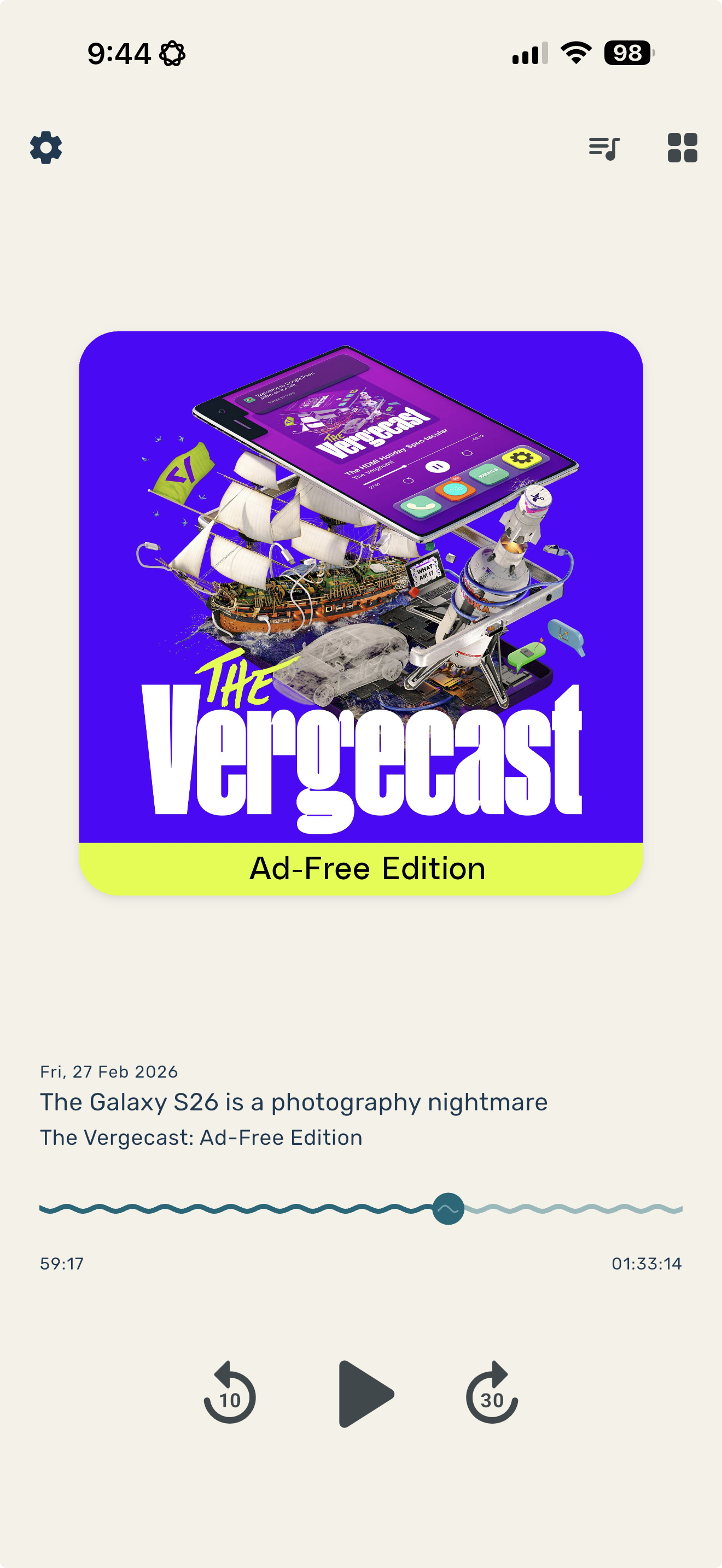 The home screen of Crest, displaying an in-progress episode of The Vergecast.