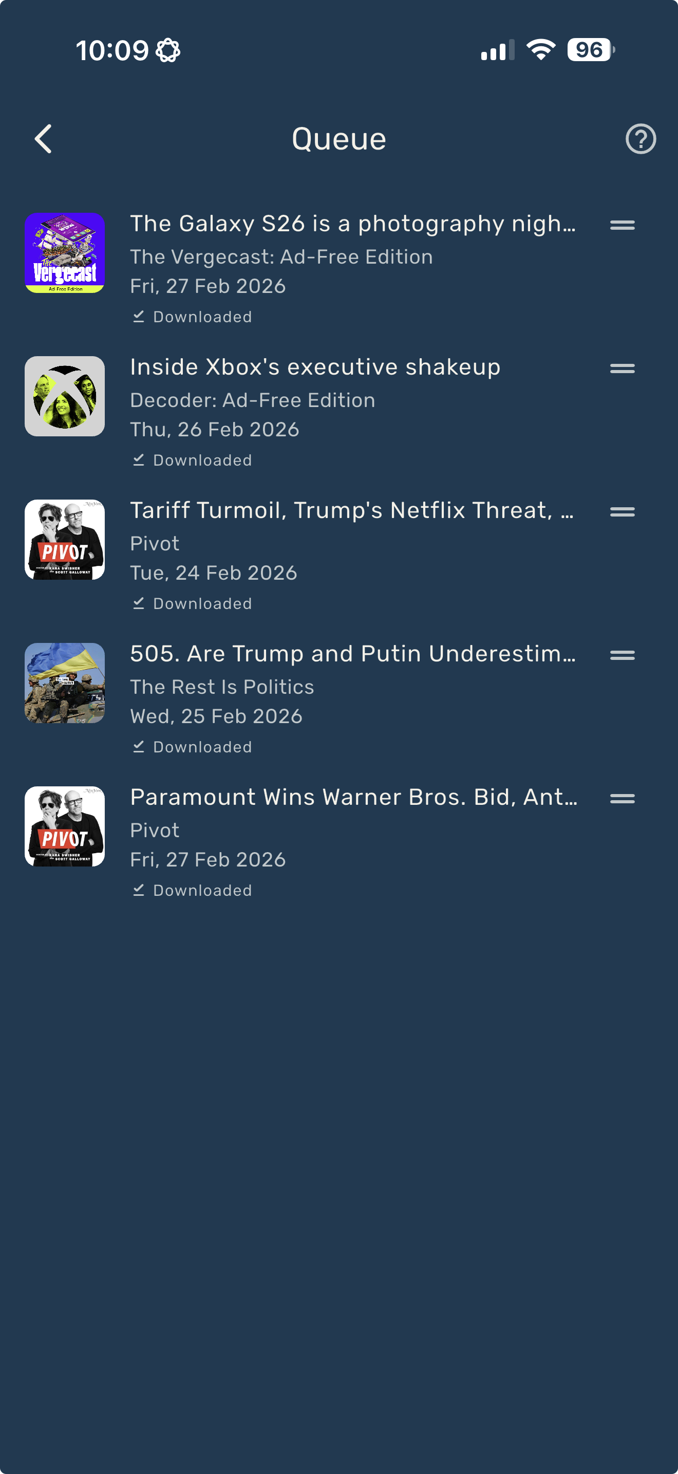 A screenshot showing the Queue screen of the Crest app.